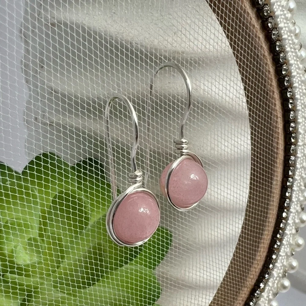 Rose Quartz Wire Wrapped Minimalist Earrings in Pink & Silver - Picture 8 of 13